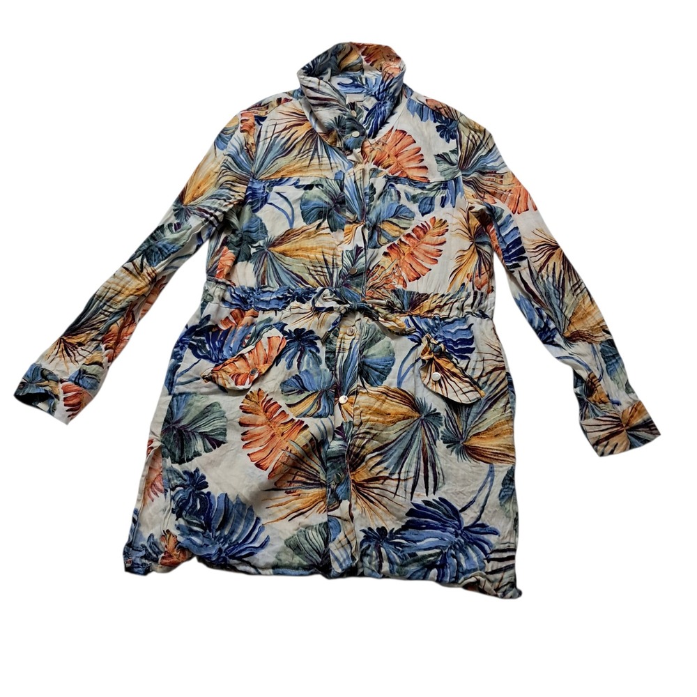 Chico's Jacket Womens 1 Medium Tropical Palm Print‎ 100% Linen Resort Vacation
